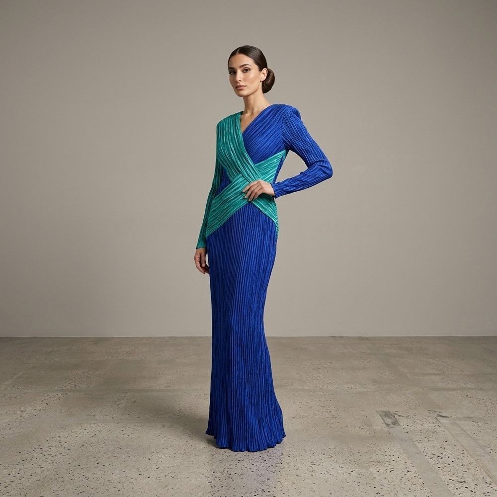 VTG Mary McFadden Couture Marii Plisse Pleated Colorblock Column Evening Dress